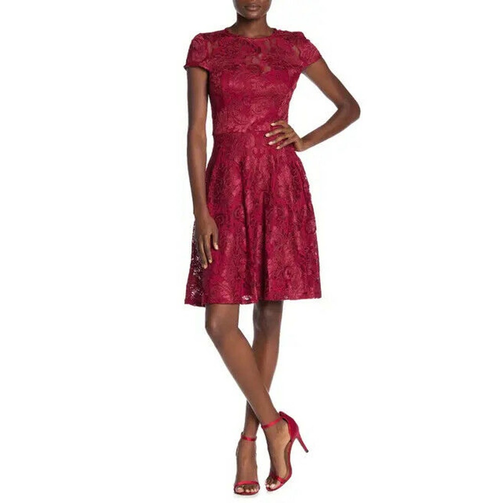 Marina Lace Cap Sleeve Fit & Flare Dress Red 16